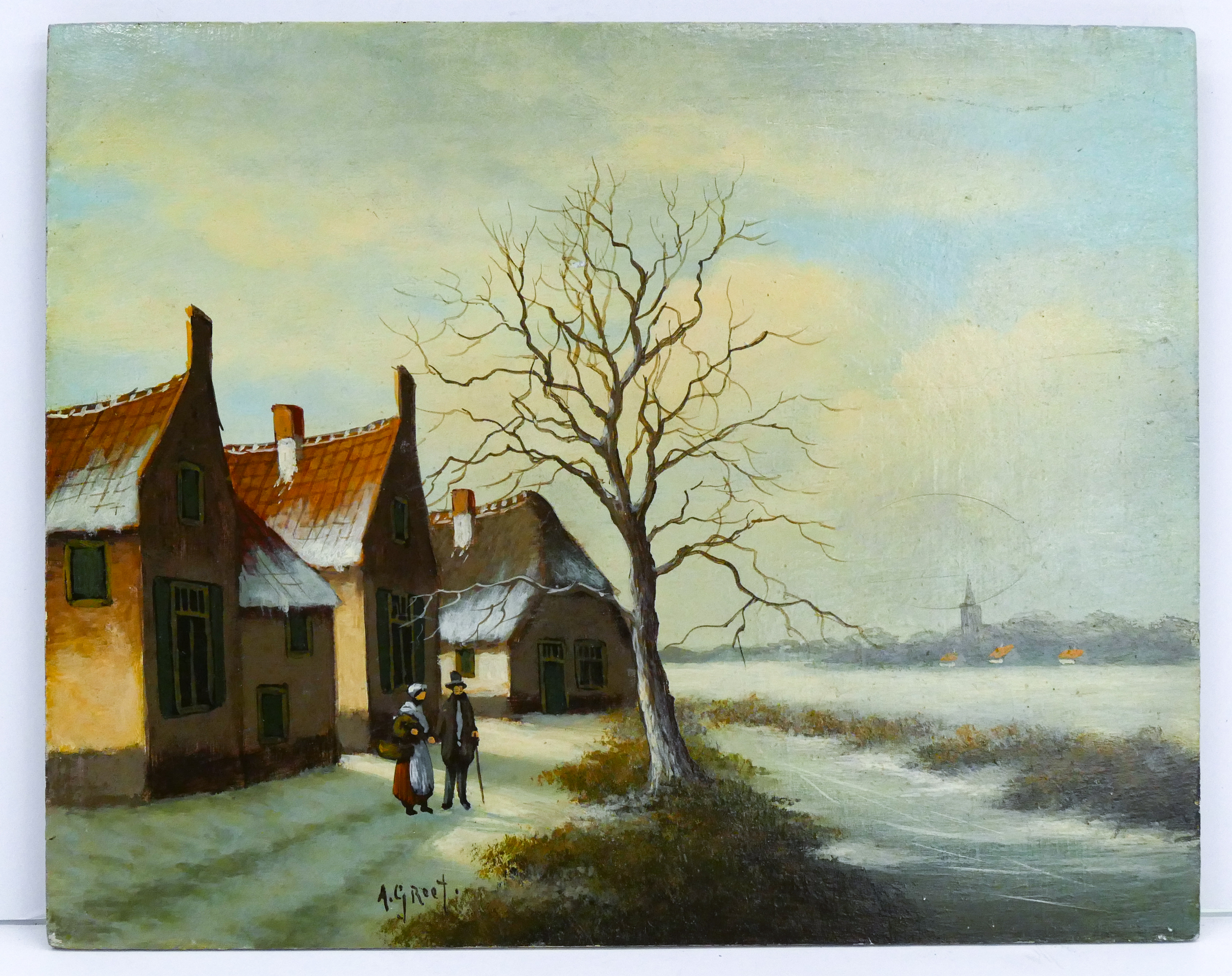Dutch Winter Scene Oil on Panel 3cfb41