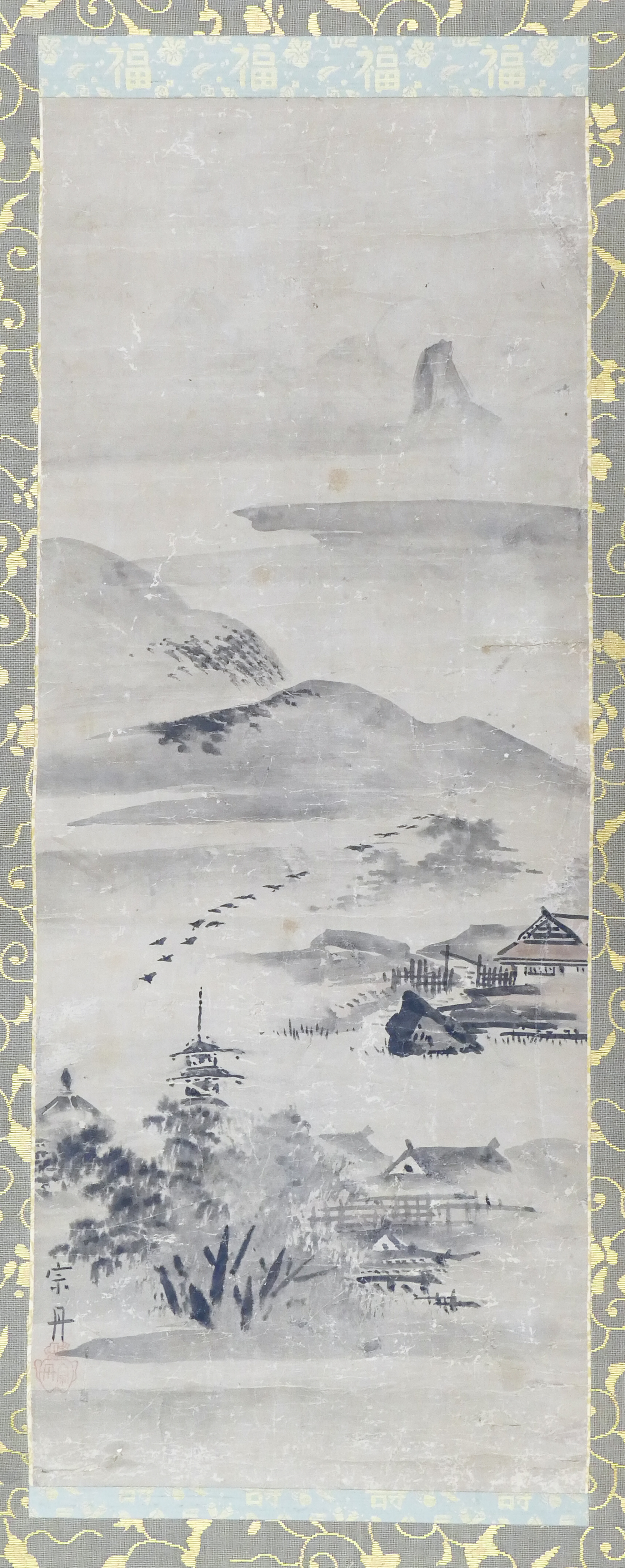 Old Japanese Pagota Scroll Painting