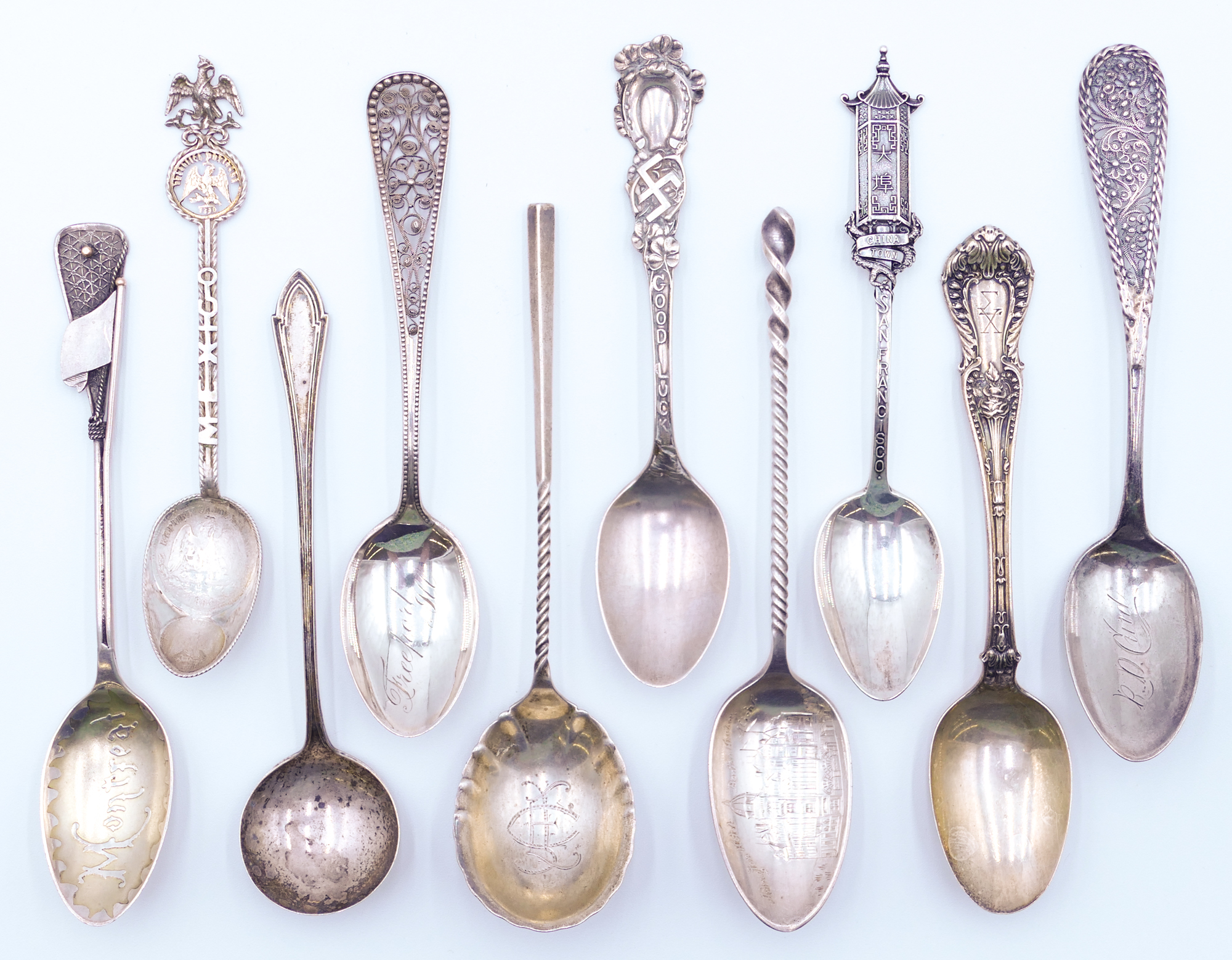 Box 10pc Ornate Antique Sterling Spoons