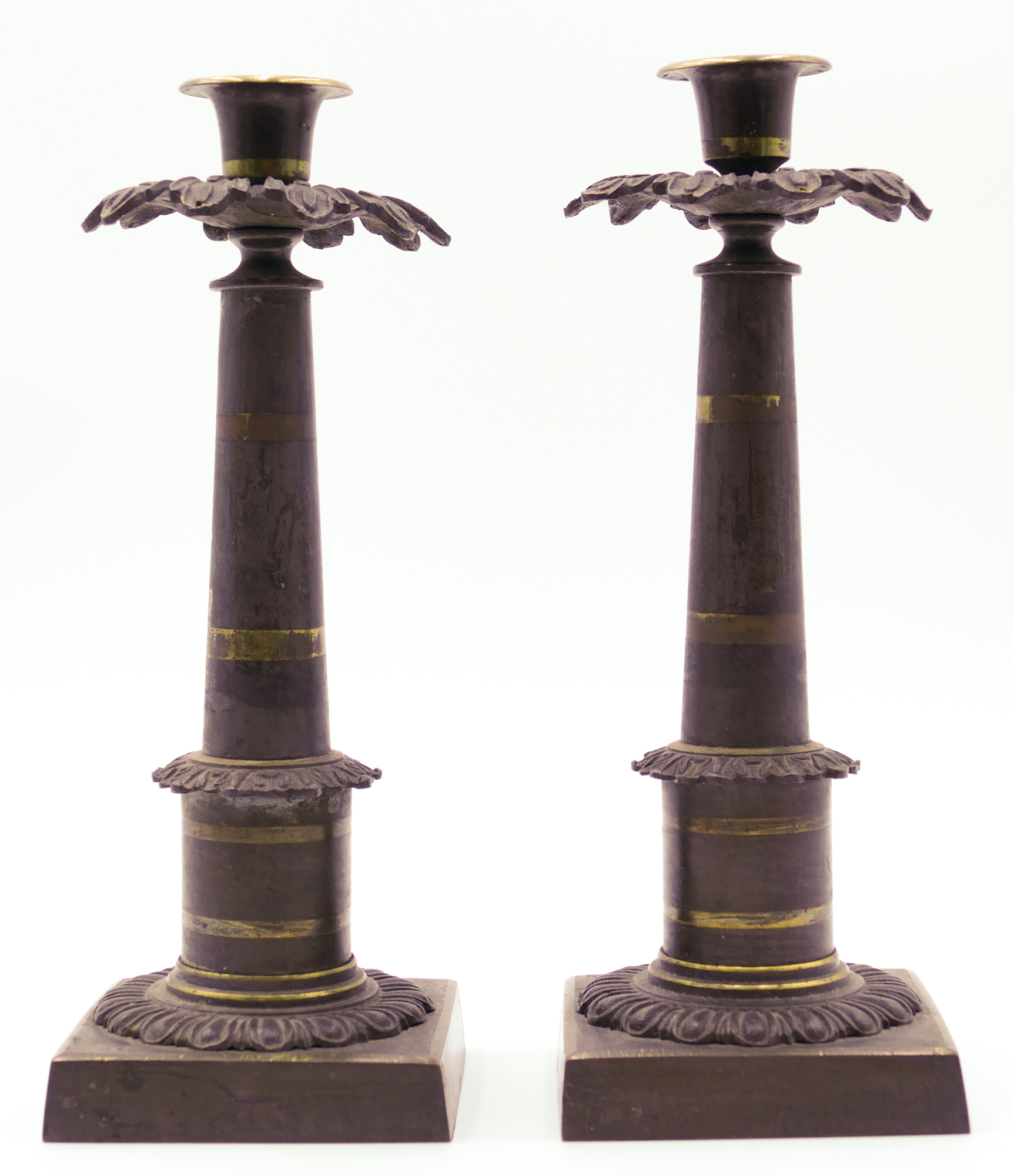 Pair Victorian Bronze Column Candlesticks