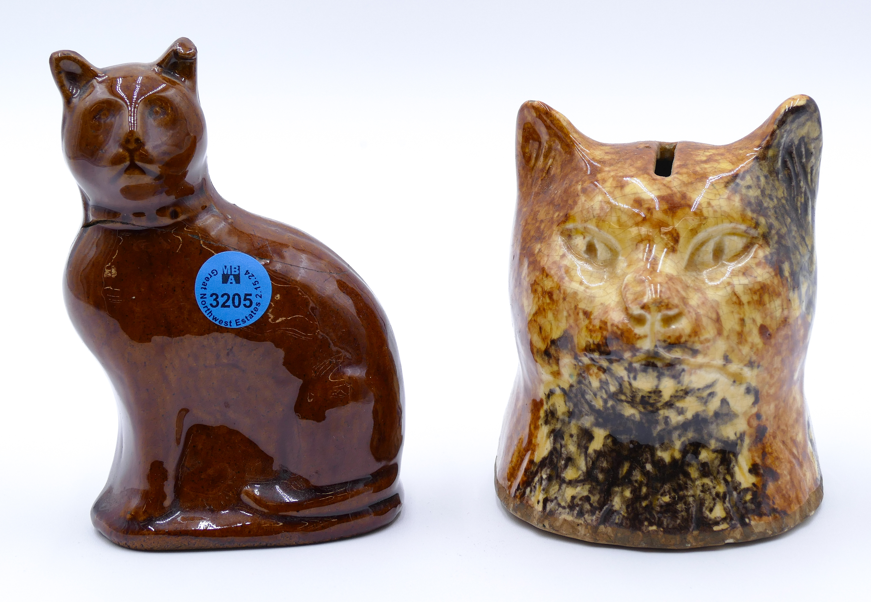 2pc Antique Brownware Pottery Cat 3cfe45