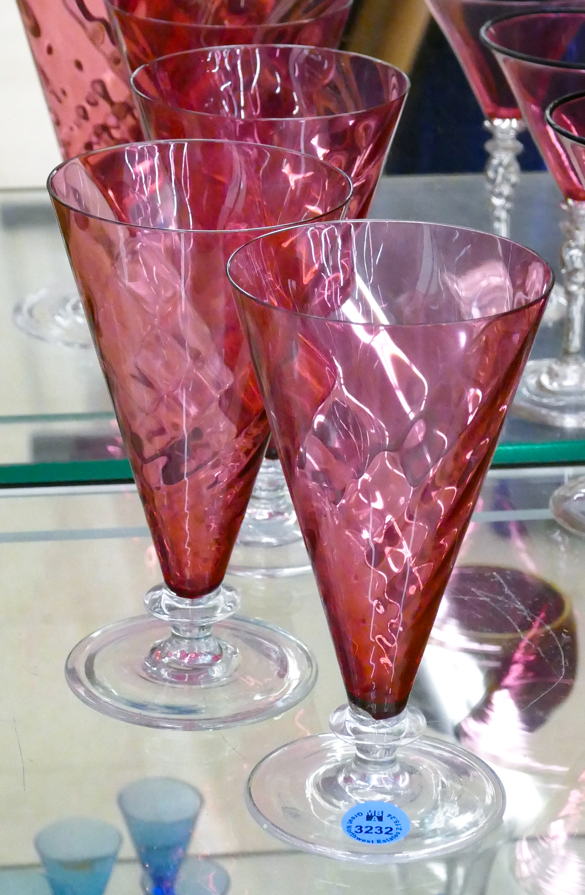 3pc Steuben Cranberry Optic Swirl Stemware