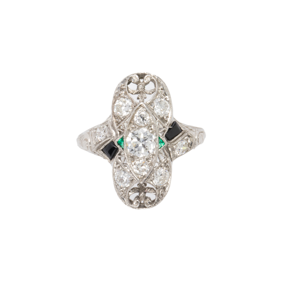 AN ART DECO DIAMOND, EMERALD, ONYX AND