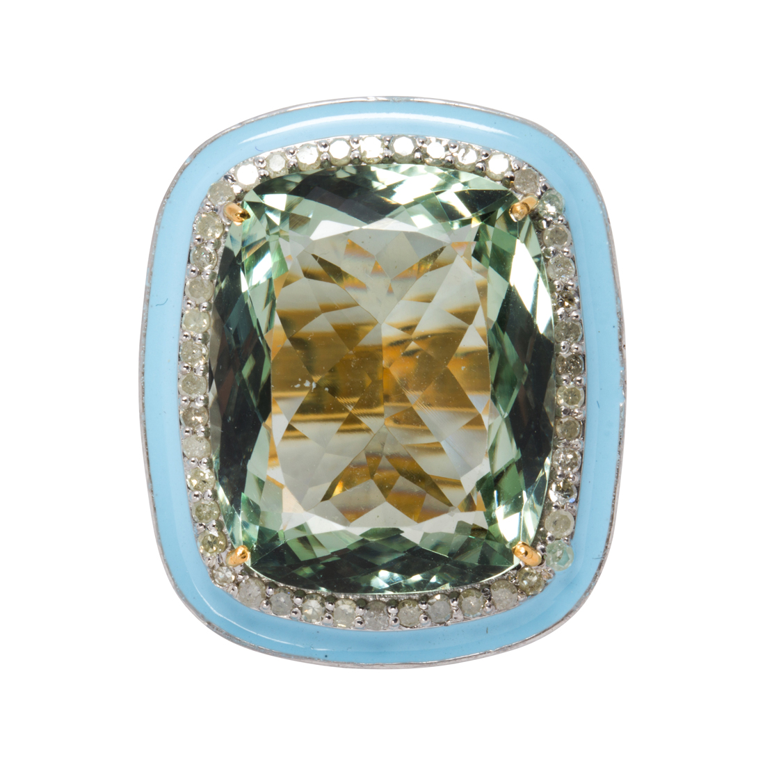 A GREEN QUARTZ AND DIAMOND RING