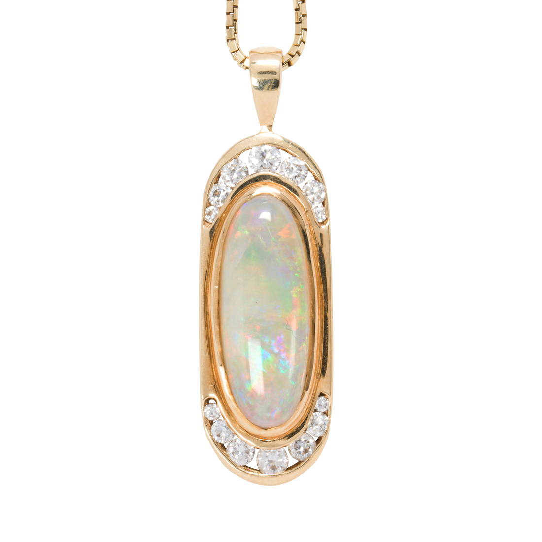 AN OPAL, DIAMOND AND 14K GOLD PENDANT