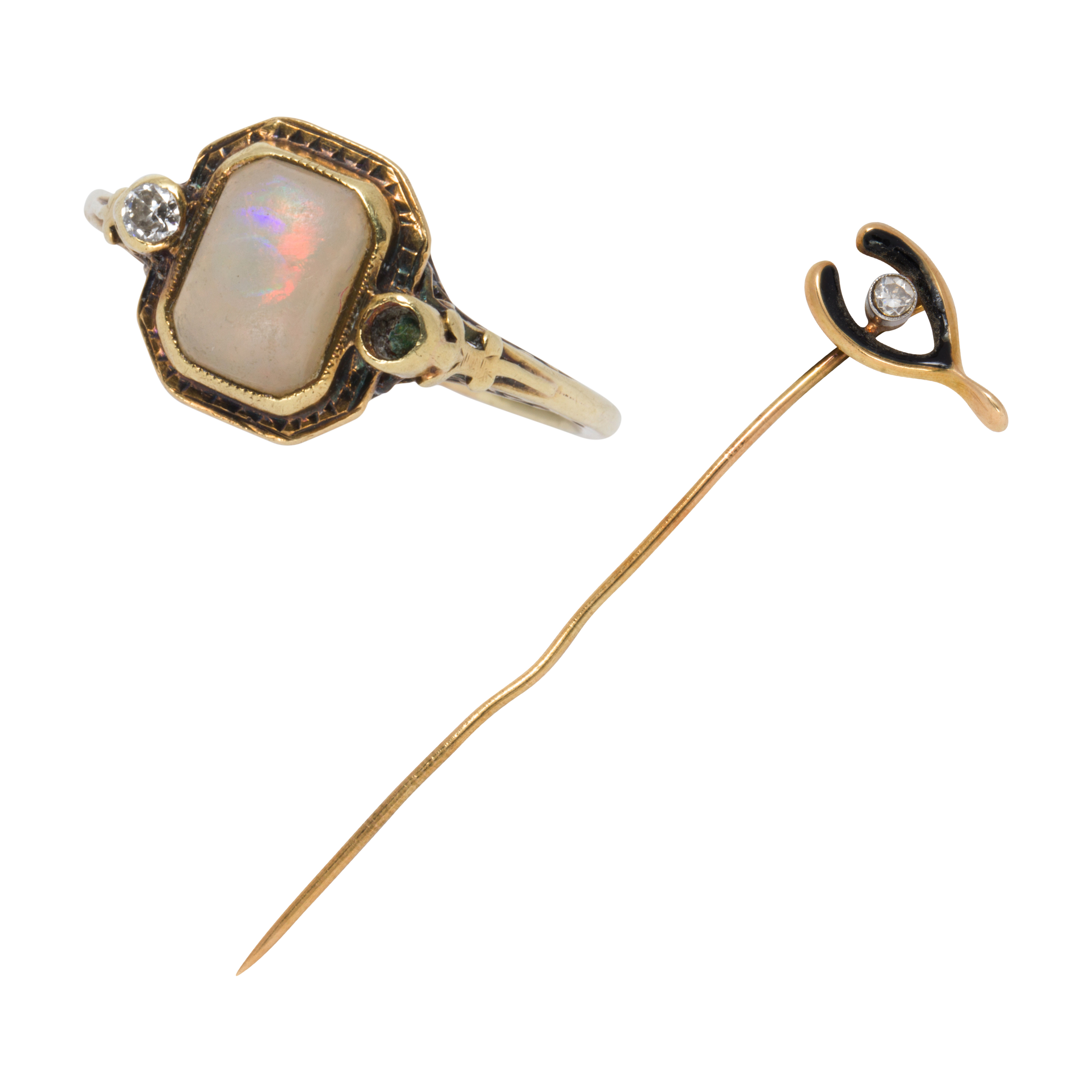 A GEM SET 14K GOLD RING AND STICK 3ce2c3