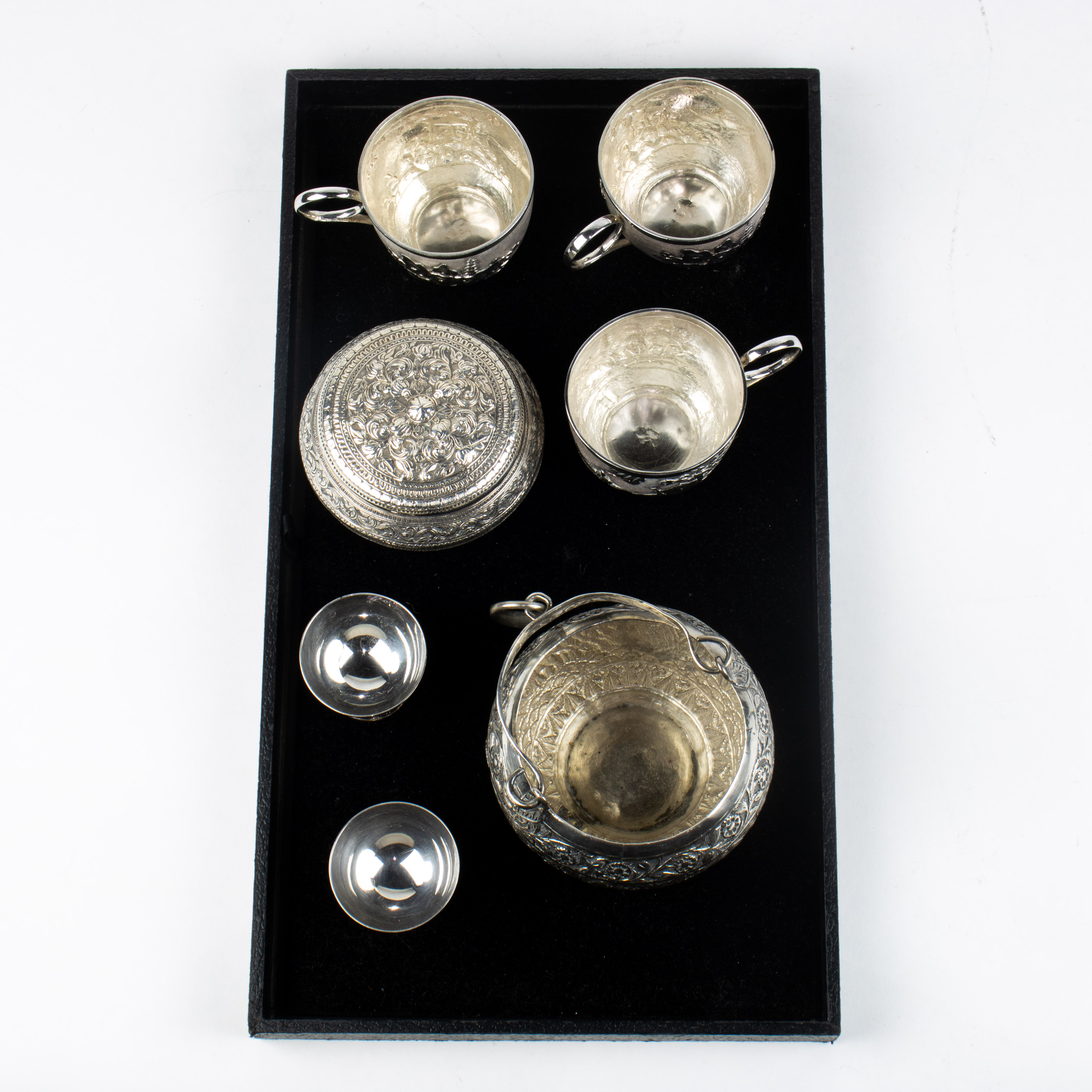 FIVE ASIAN SILVER TABLE ARTICLES: