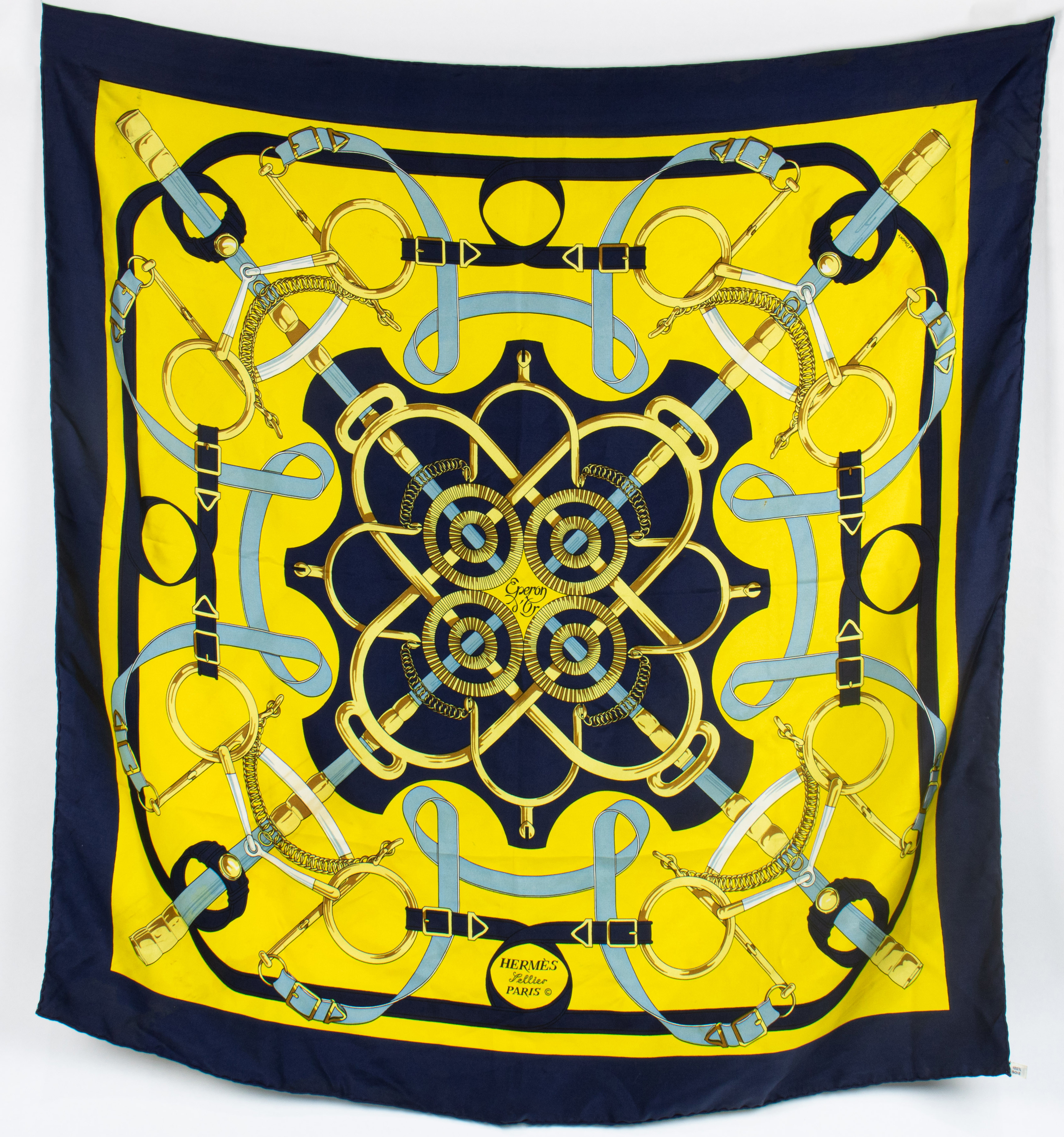AN HERMES BLUE AND GOLD SILK SCARF  3ce3c6