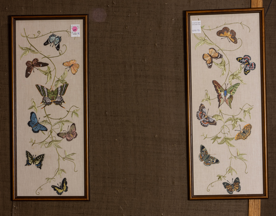 A PAIR OF FRAMED EMBROIDERED BUTTERFLY