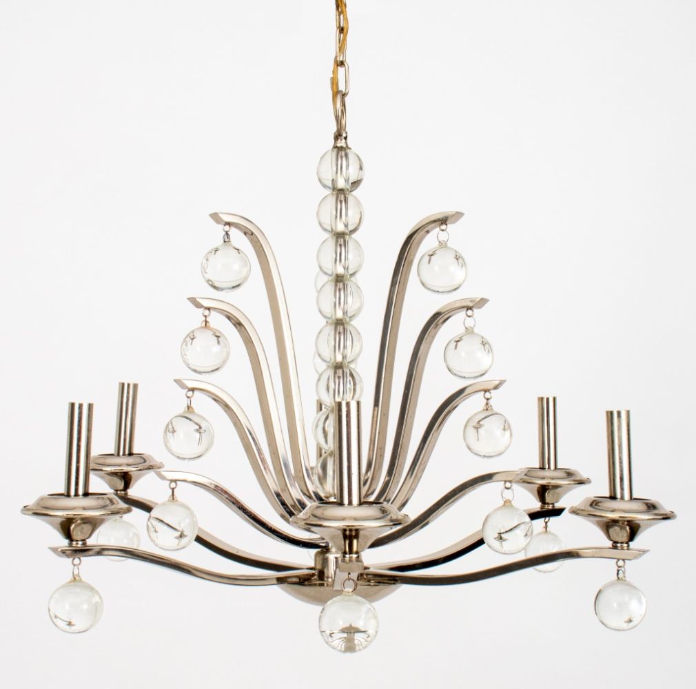 ART DECO STYLE CHROME AND GLASS CHANDELIER,