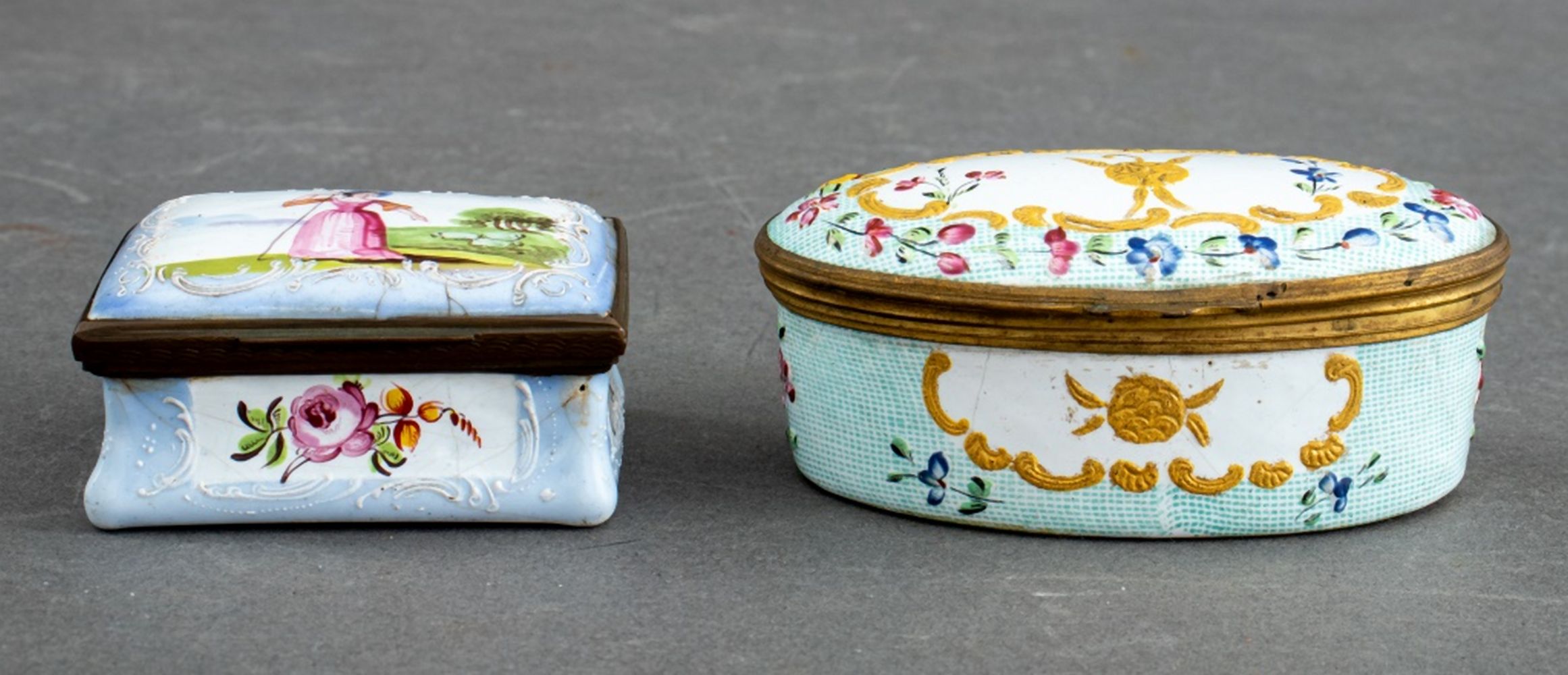 ANTIQUE ENGLISH ENAMEL PORCELAIN BOXES,