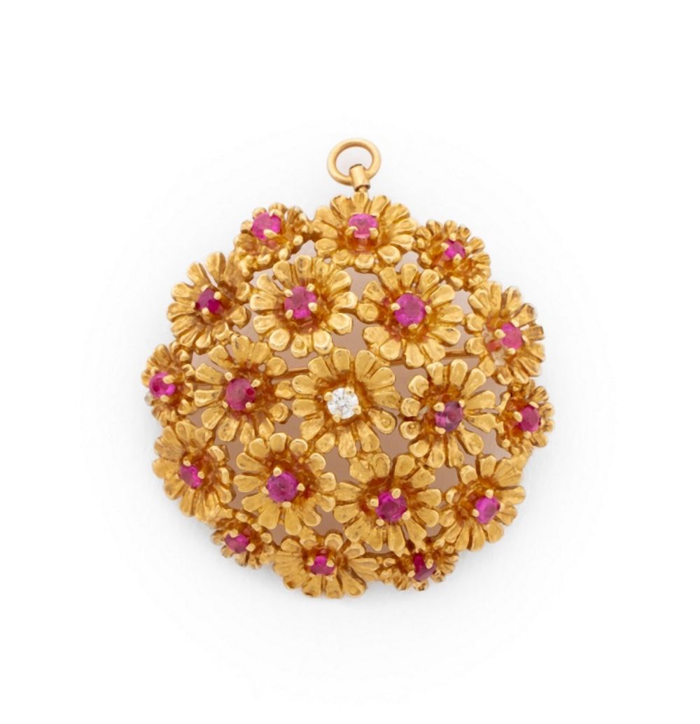 14K YELLOW GOLD RUBY DIAMOND FLORAL