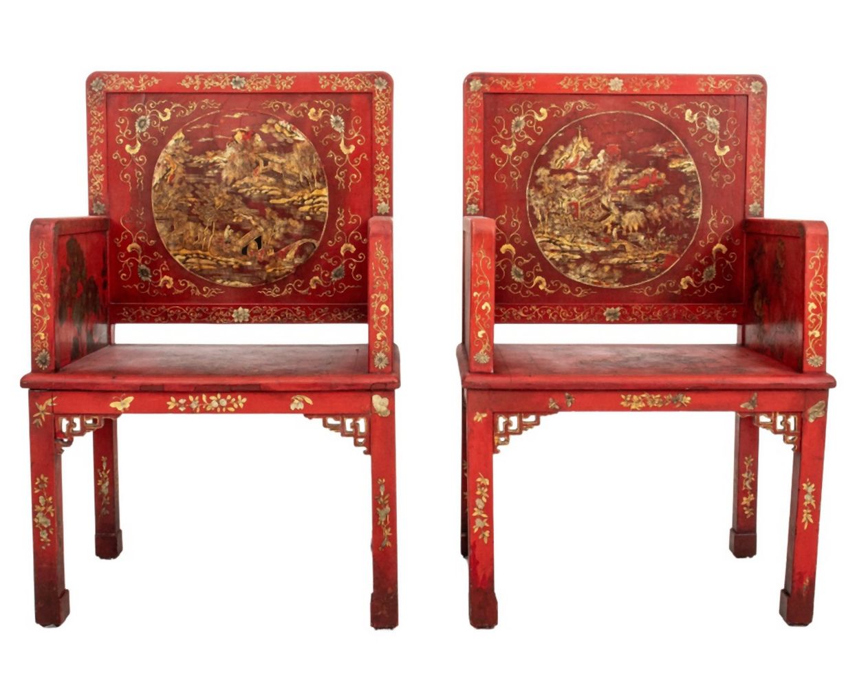 CHINESE RED AND GILT LACQUER ARMCHAIRS  3ceaaa