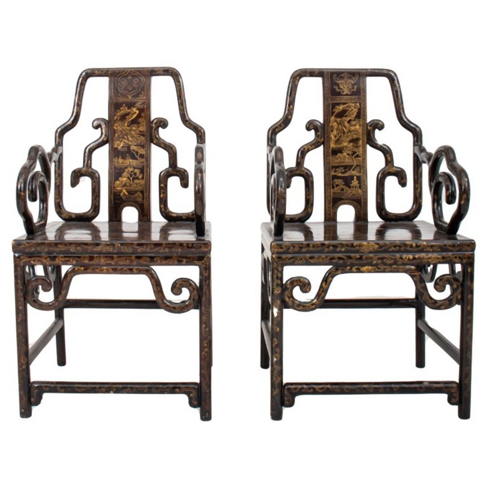 CHINESE BLACK LACQUER & GILT ARMCHAIRS,