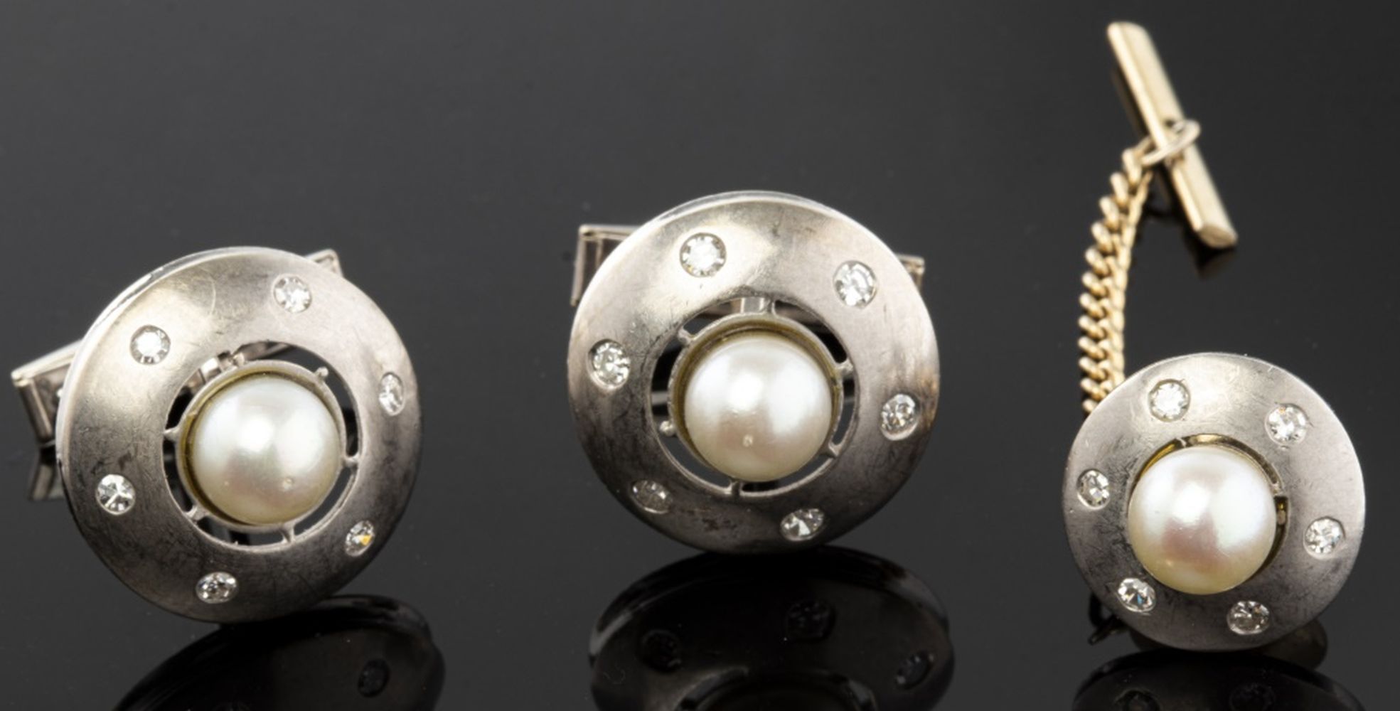 14K GOLD, PEARL, DIAMOND DOME CUFFLINKS