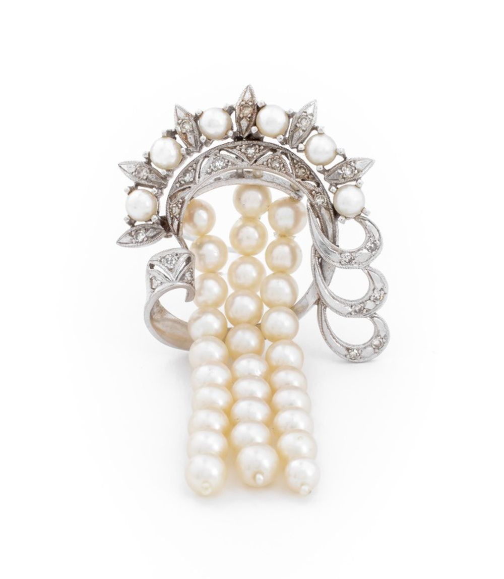 14K WHITE GOLD PEARL DIAMOND BROOCH 3cede7