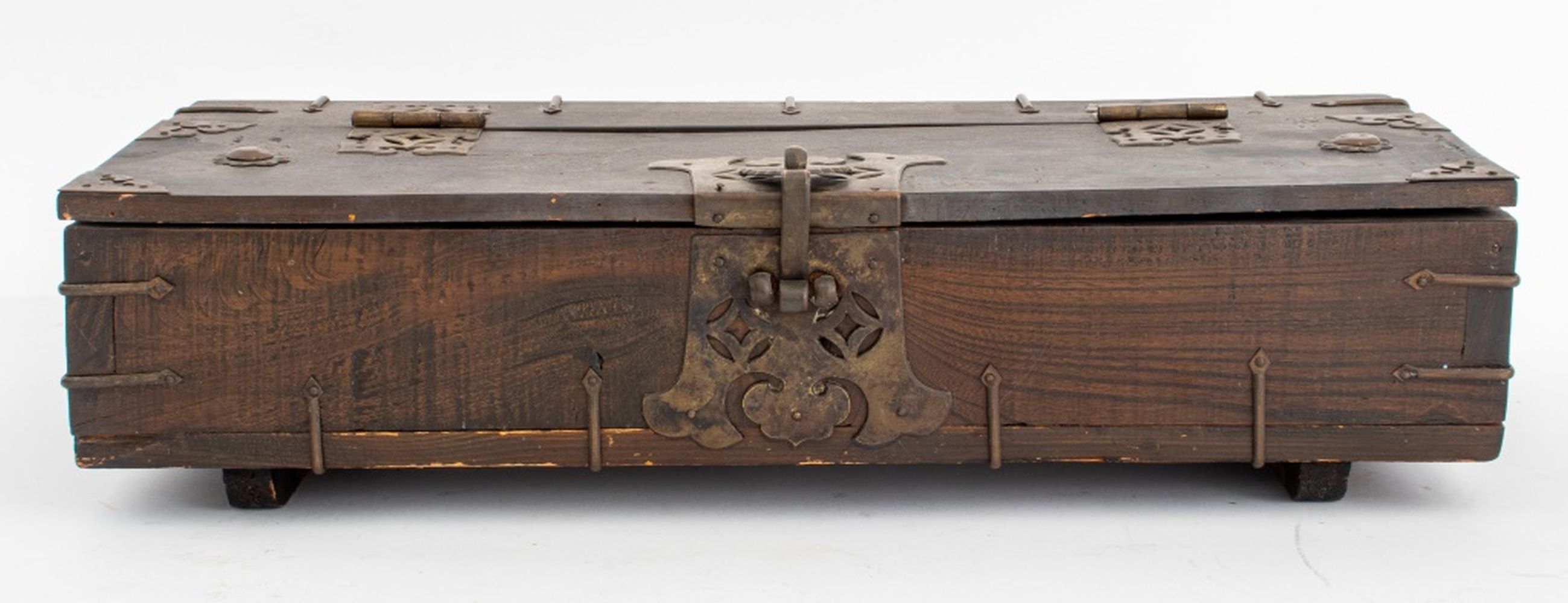 CHINESE BRASS BOUND WOODEN SCROLL BOX,