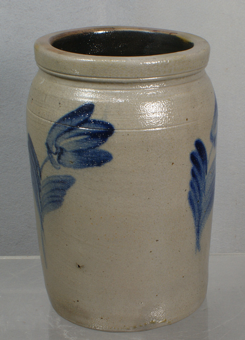 1 gal blue decorated stoneware jar,