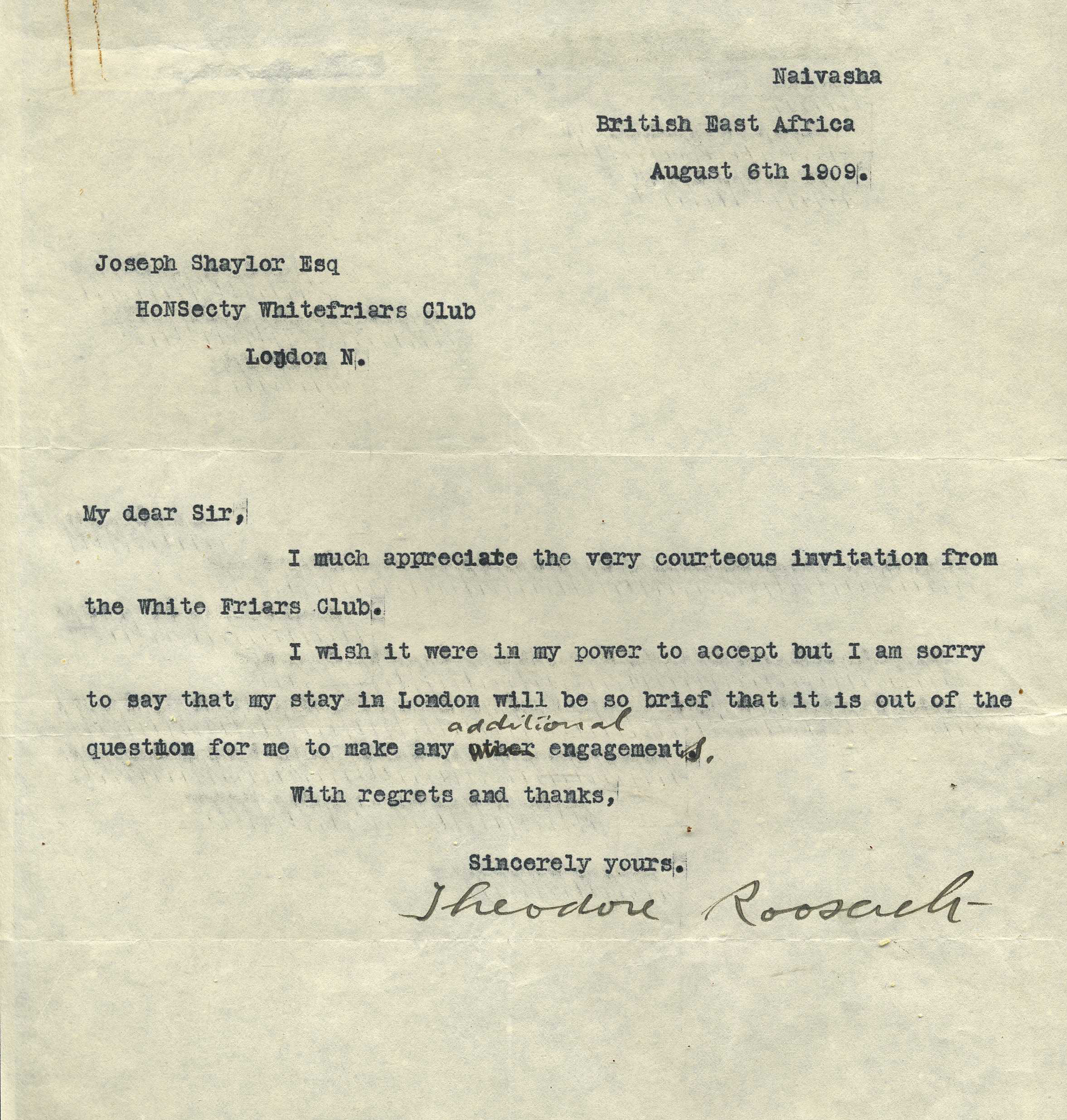 1 piece.  Typed Letter Signed.