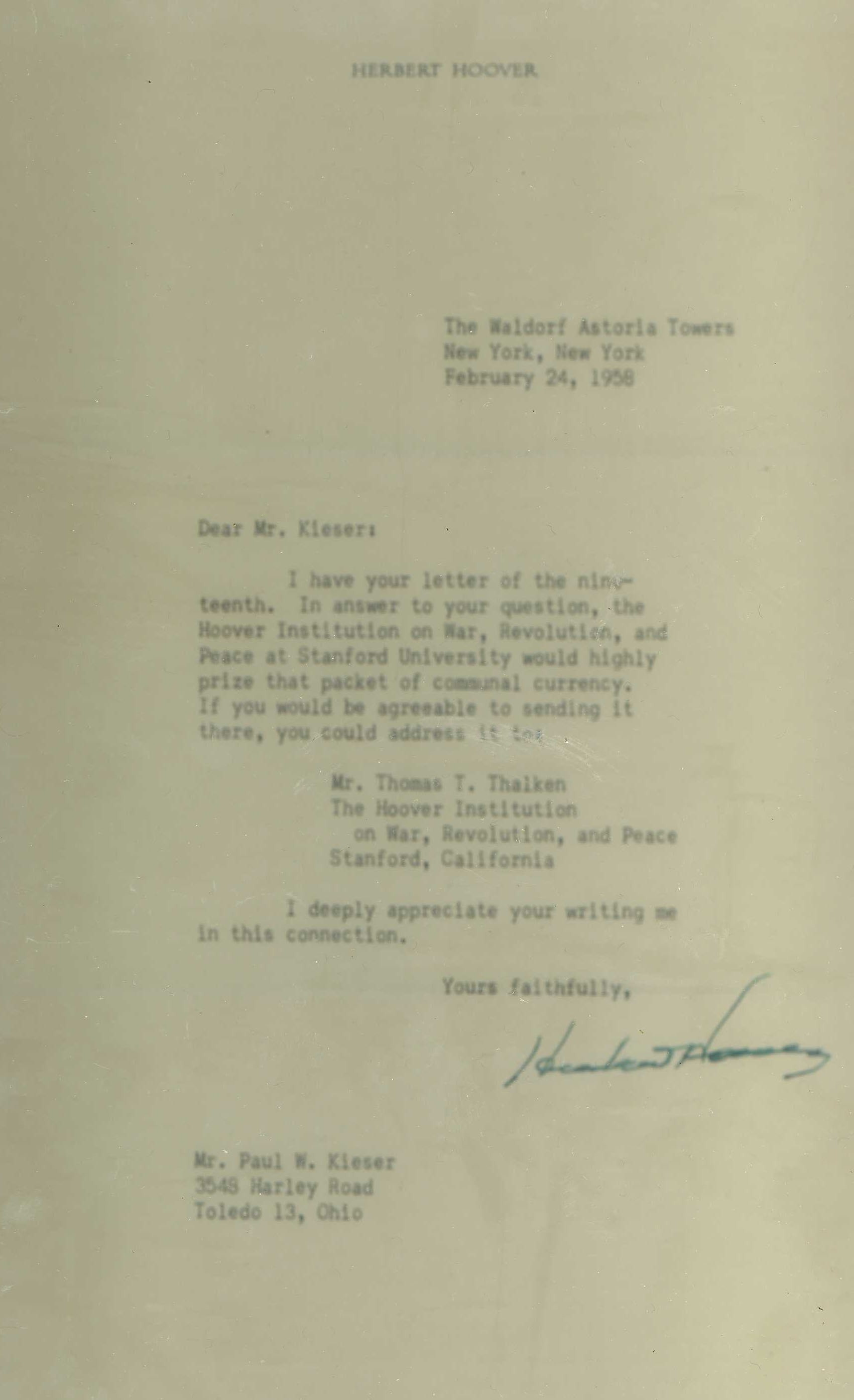 1 piece.  Typed Letter Signed.