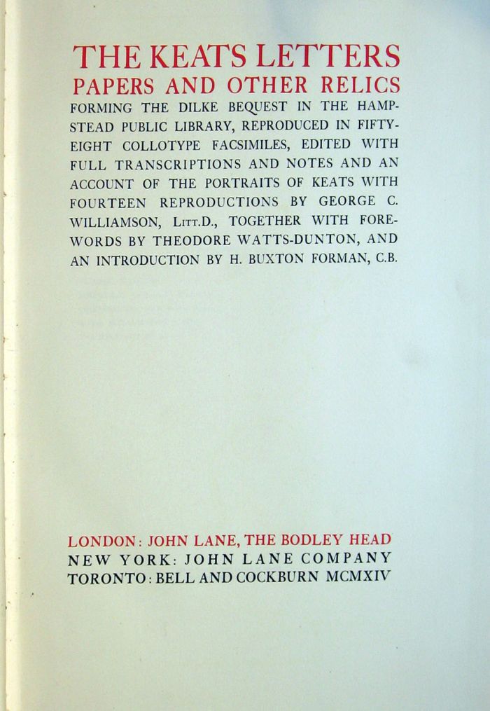 1 vol.  (Keats, John.) The Keats
