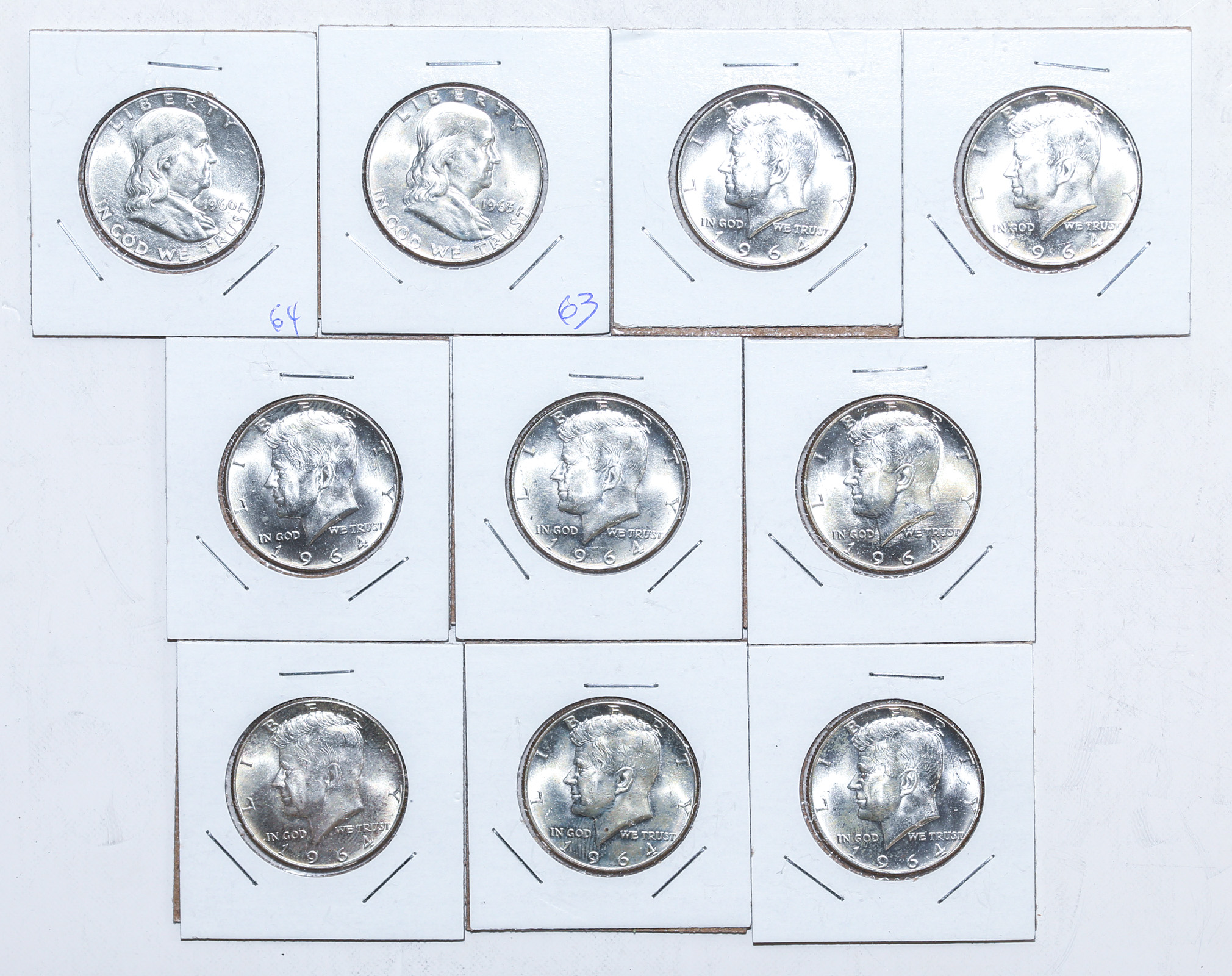 10 BU SILVER HALVES, 1964 JFK &
