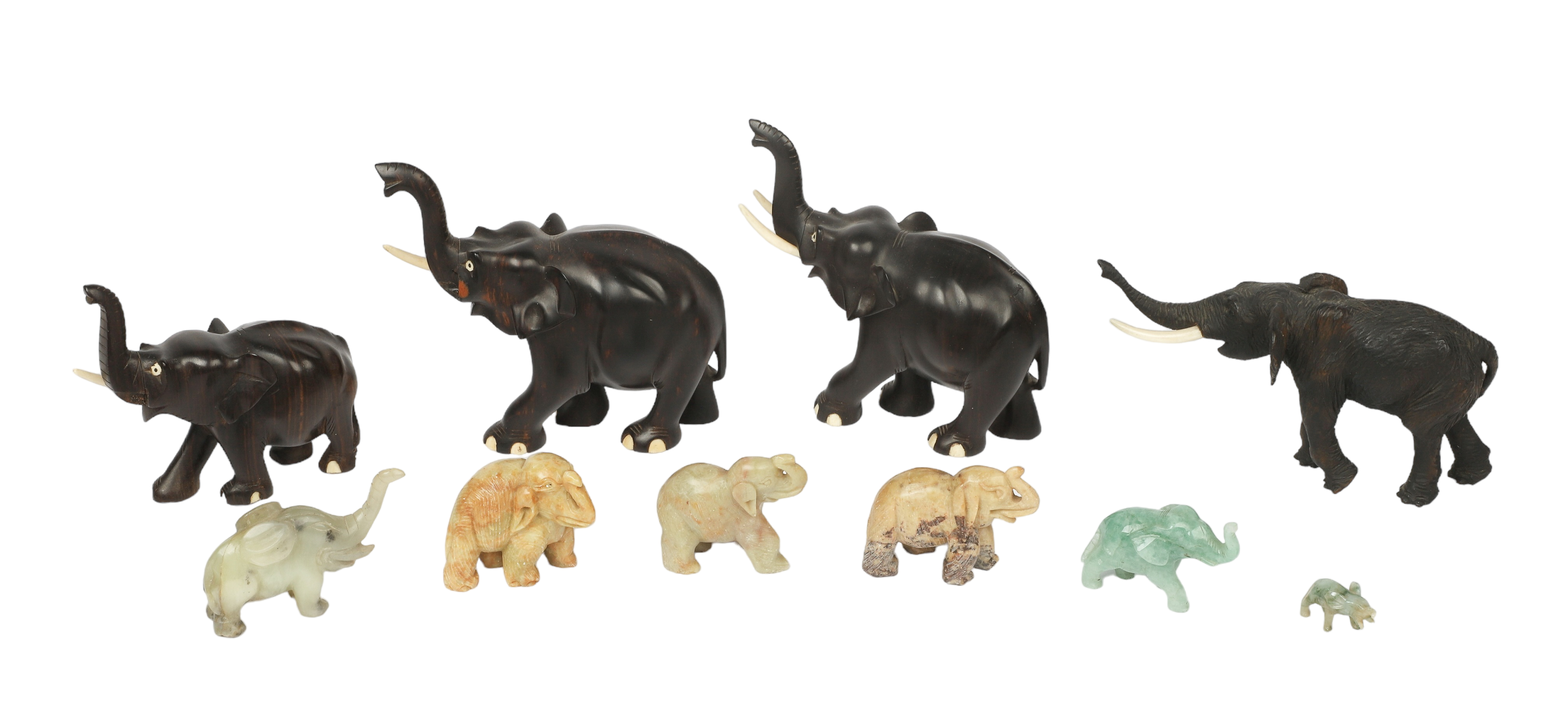 (10) Elephant carved wood & stone