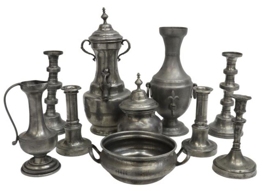 (10) FRENCH PEWTER CANDLESTICKS &