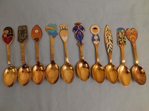 10 GILT SILVER & ENAMEL SPOONSSet