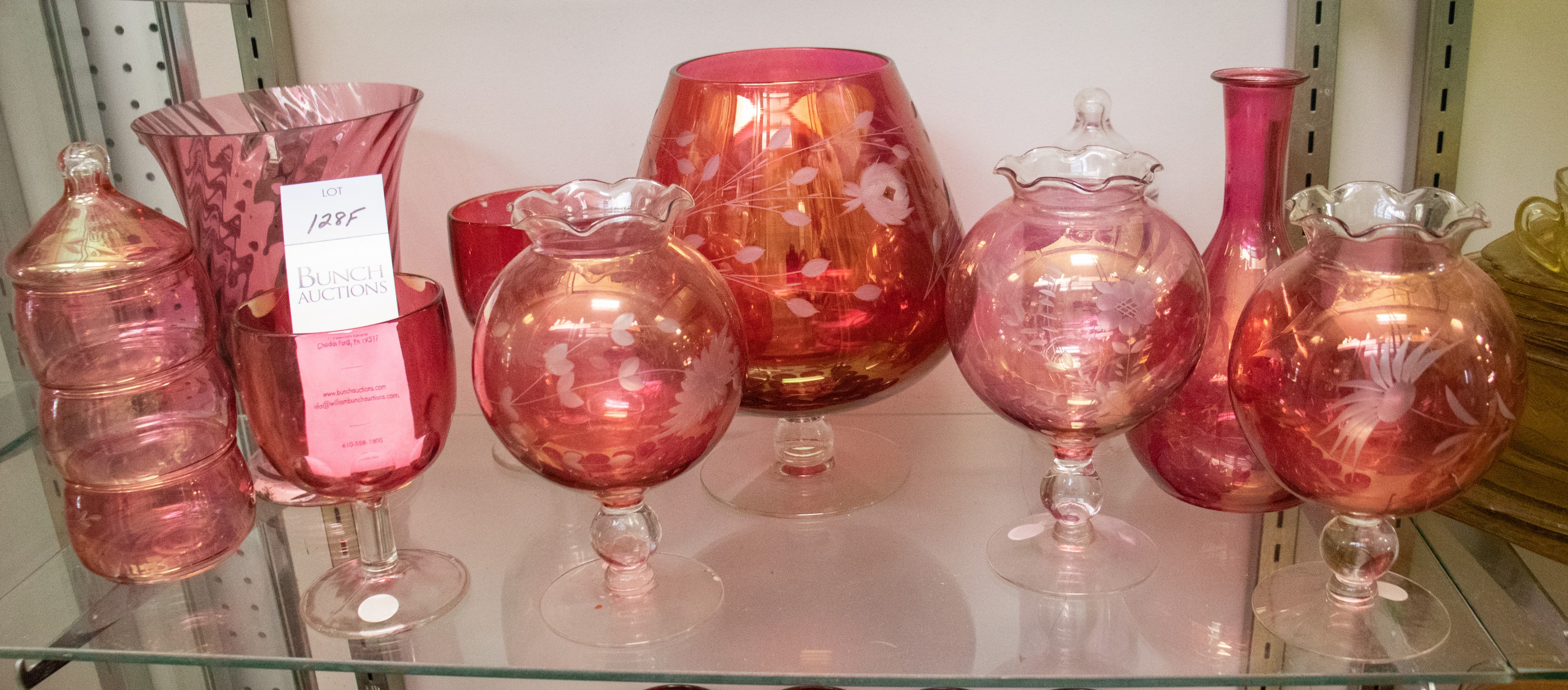 (10) Pcs etched cranberry glass,