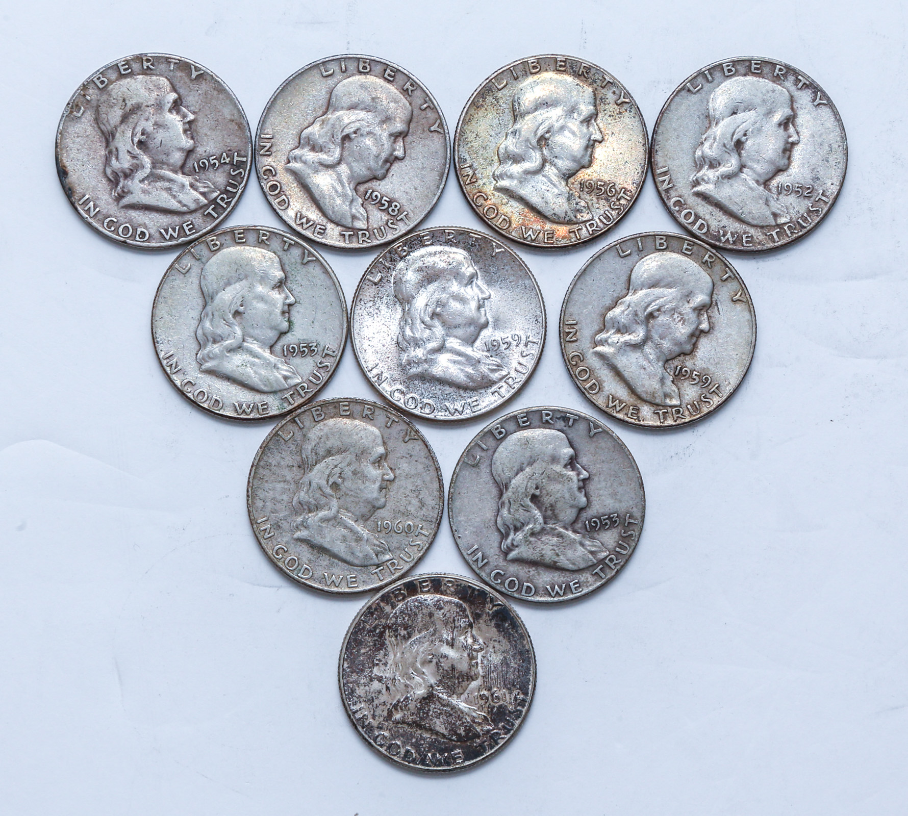 10 SILVER FRANKLIN HALF DOLLARS .