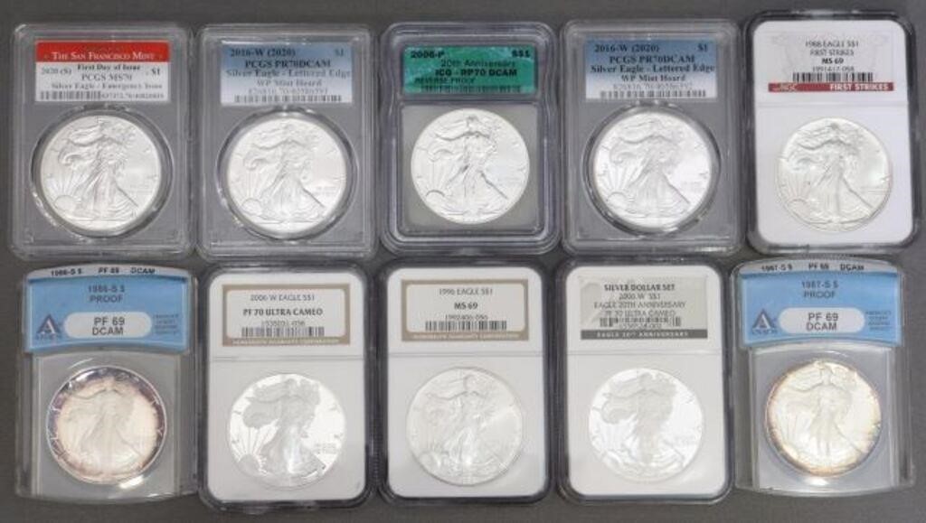 (10) US GRADED SILVER EAGLES,
