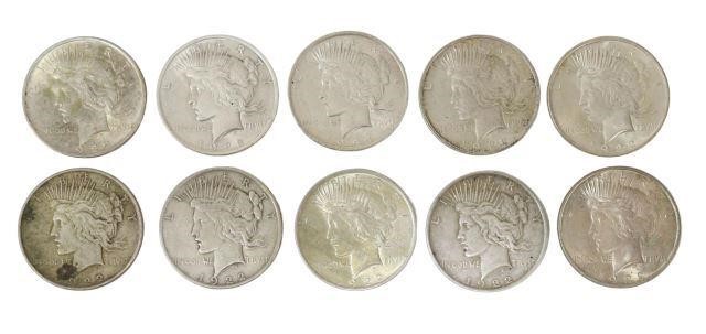 (10) U.S. PEACE SILVER DOLLARS,