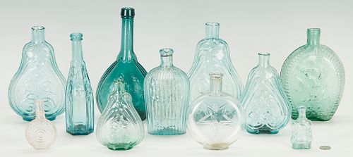 11 BLOWN GLASS FLASKS &