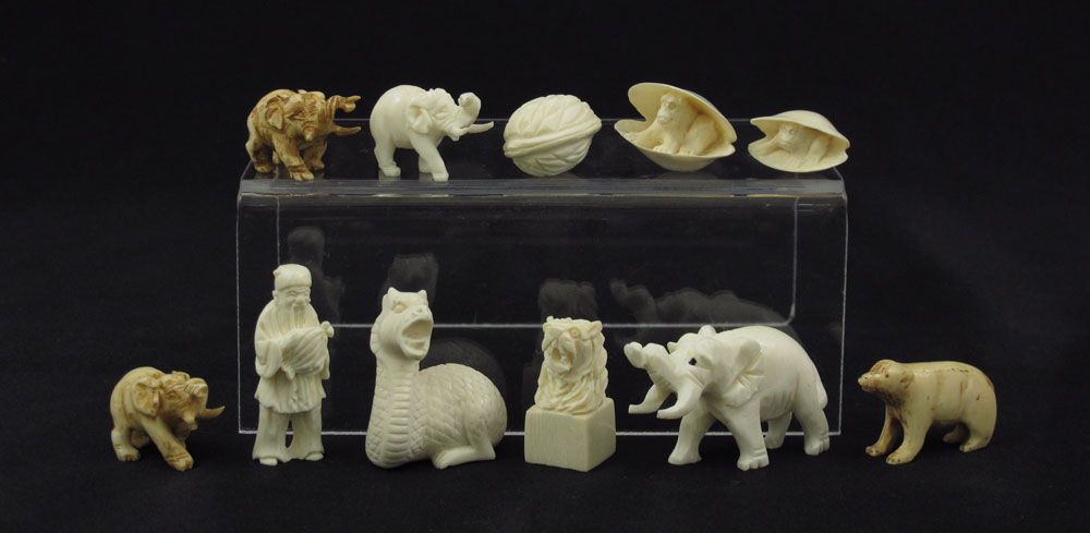 11 MINIATURE IVORY NETSUKE &