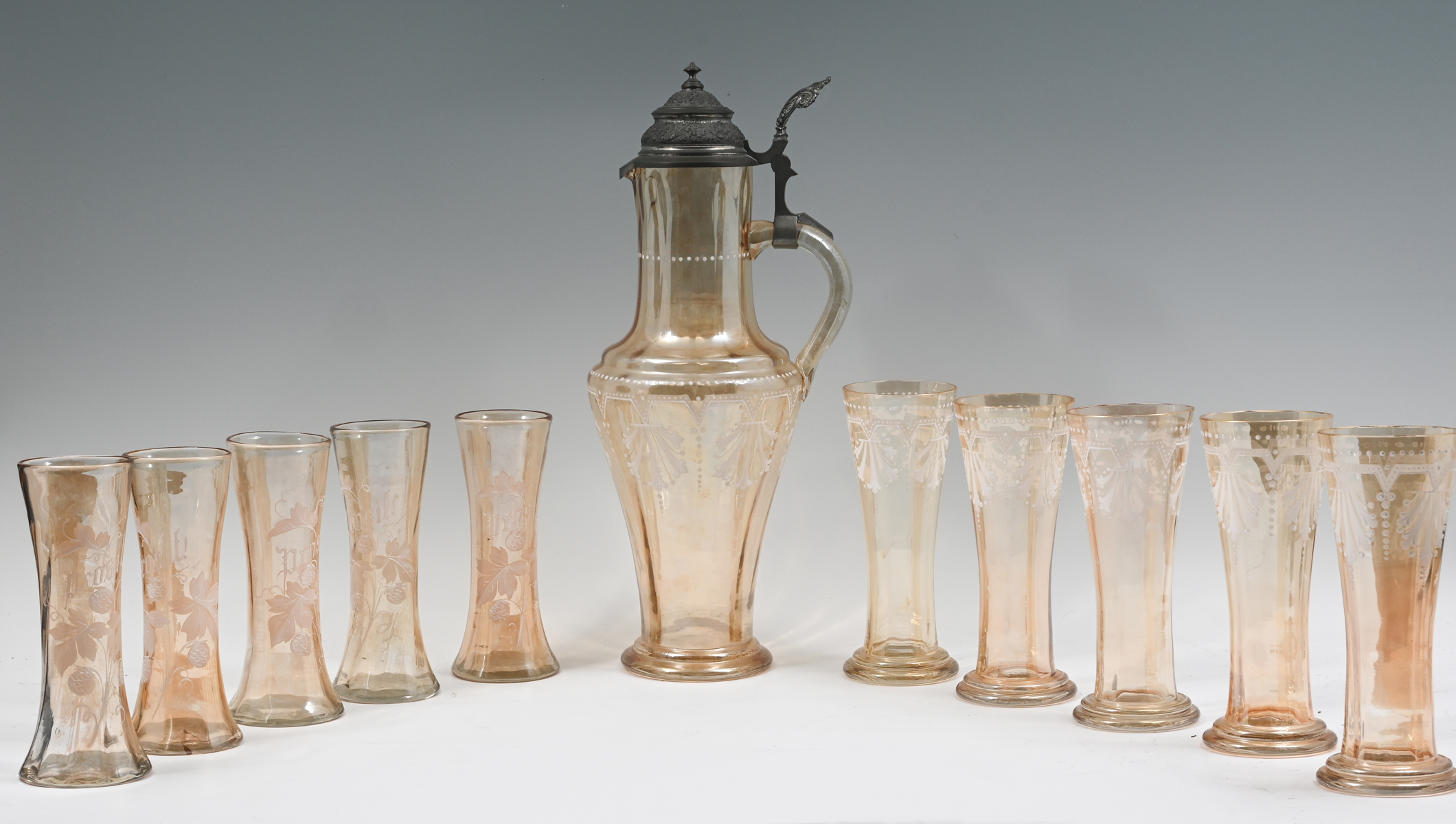 11 PC. ENAMELED IRIDESCENT GLASS