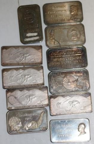 11 PURE SILVER BARS, 10 OF WHICH