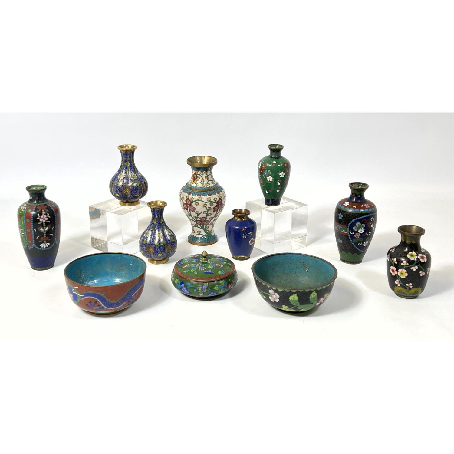 11pc Cloisonne floral vases 3