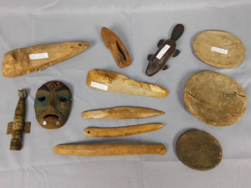 (12) INUIT WOOD AND BONE ITEMS,