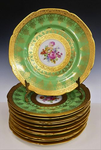 12 LIMOGES EMERALD GROUND FLORAL