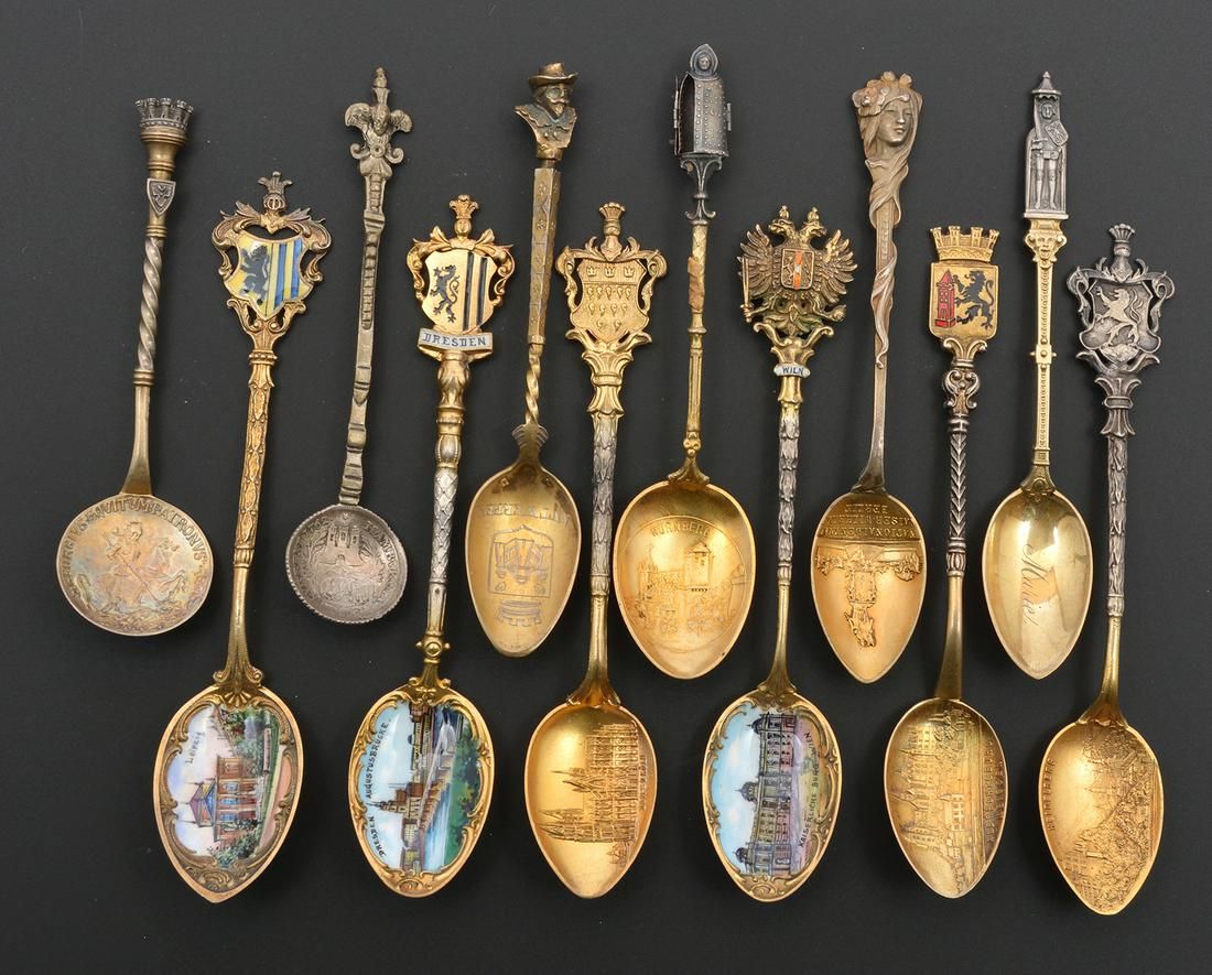 12 SILVER SOUVENIR SPOONS, GERMANY,