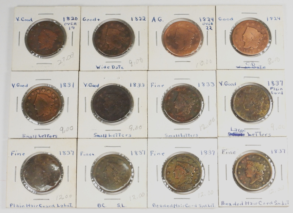 12PC. 1820-1837 LARGE CENT COIN