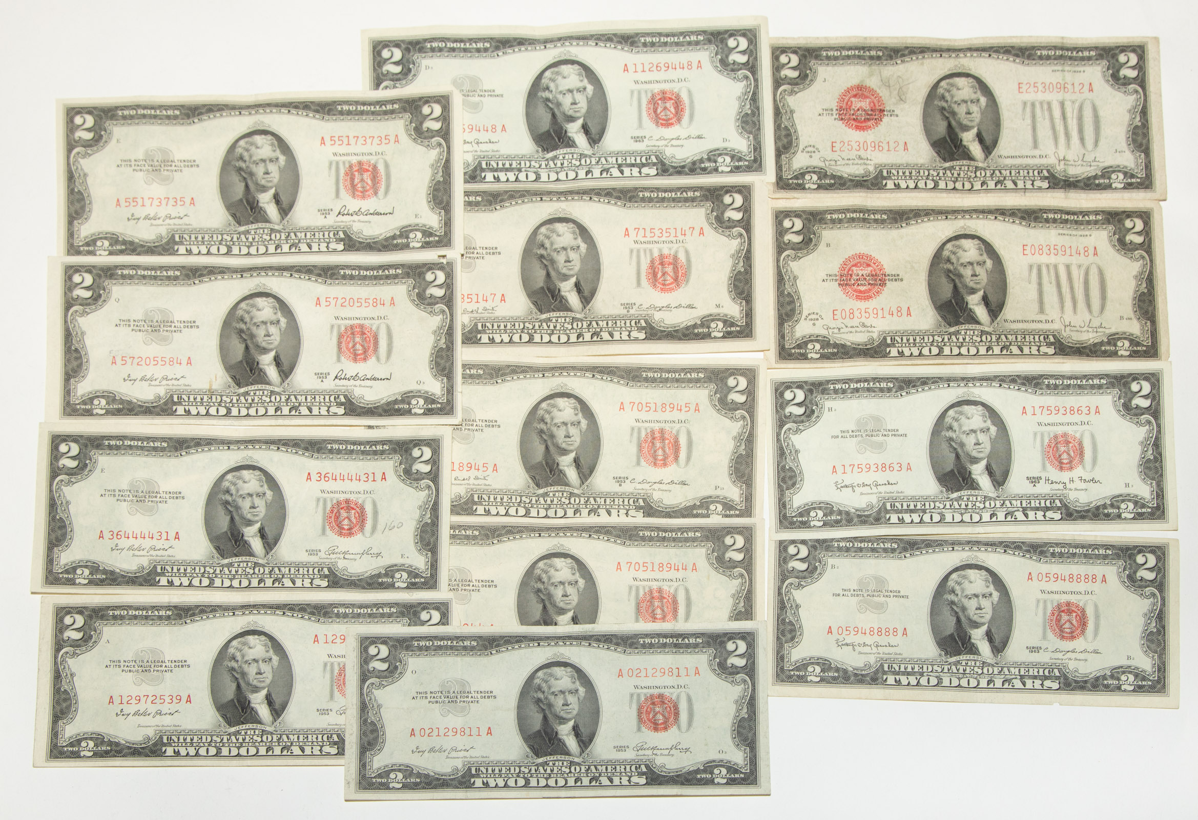 13 $2 BILLS 1928G TO 1963