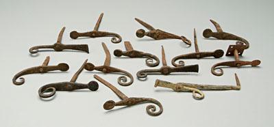 13 hand wrought iron hooks: ten