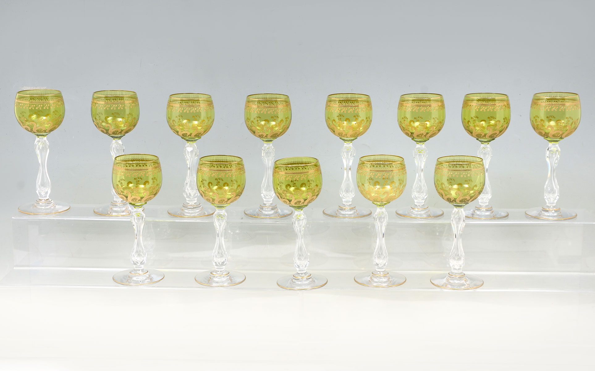 13 PC. GREEN EMBOSSED & GILT