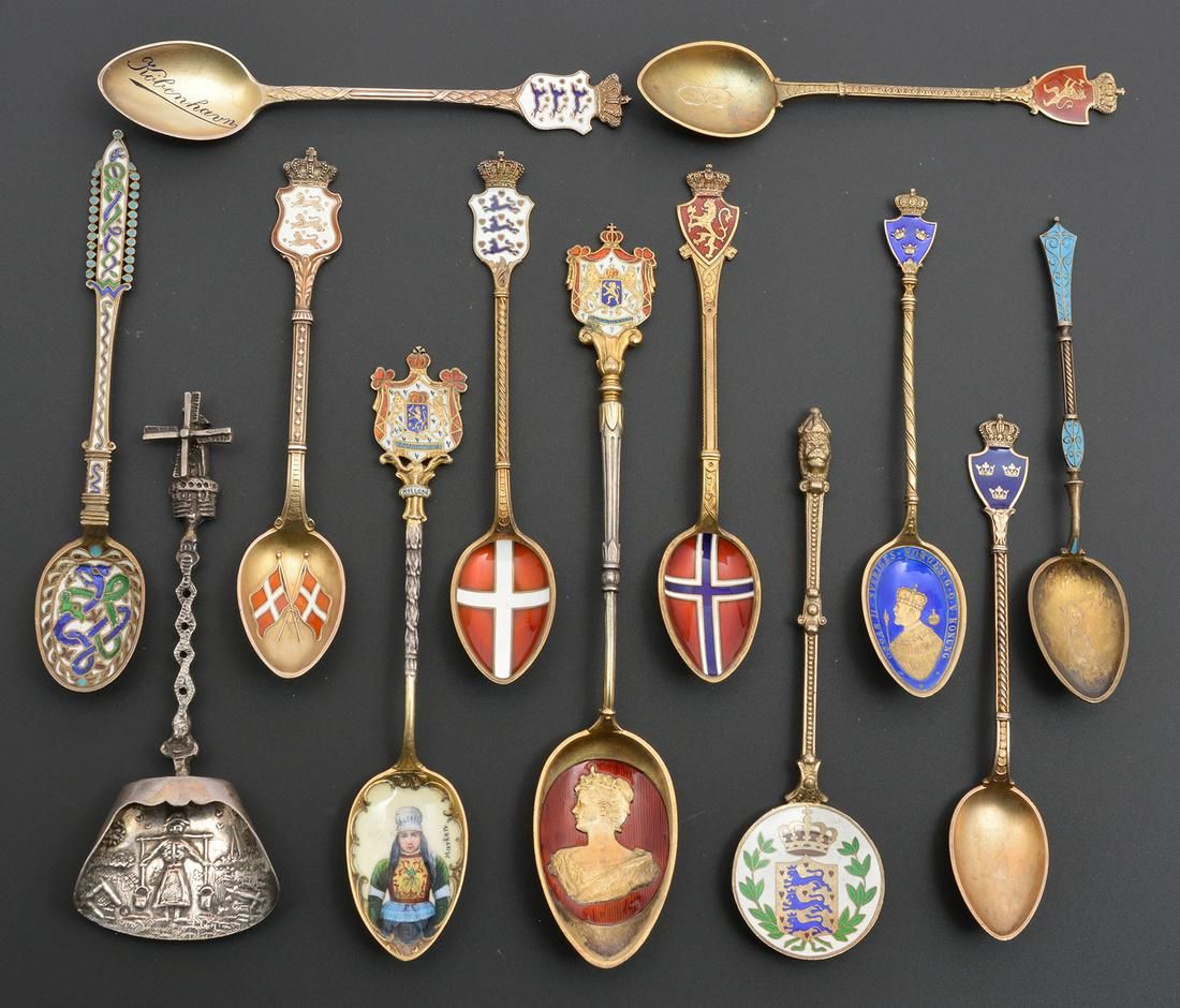 13 SILVER SOUVENIR SPOONS, DENMARK,