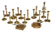 14 BRASS CANDLESTICKS AND TWO