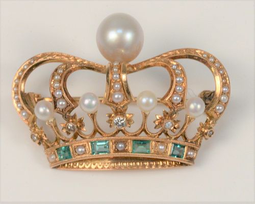 14 KARAT GOLD CROWN BROOCH SET WITH