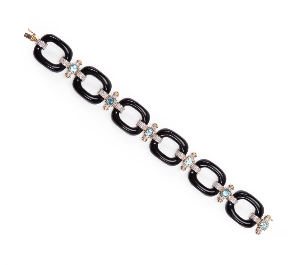 14 KT. GOLD, ONYX, BLUE TOPAZ,