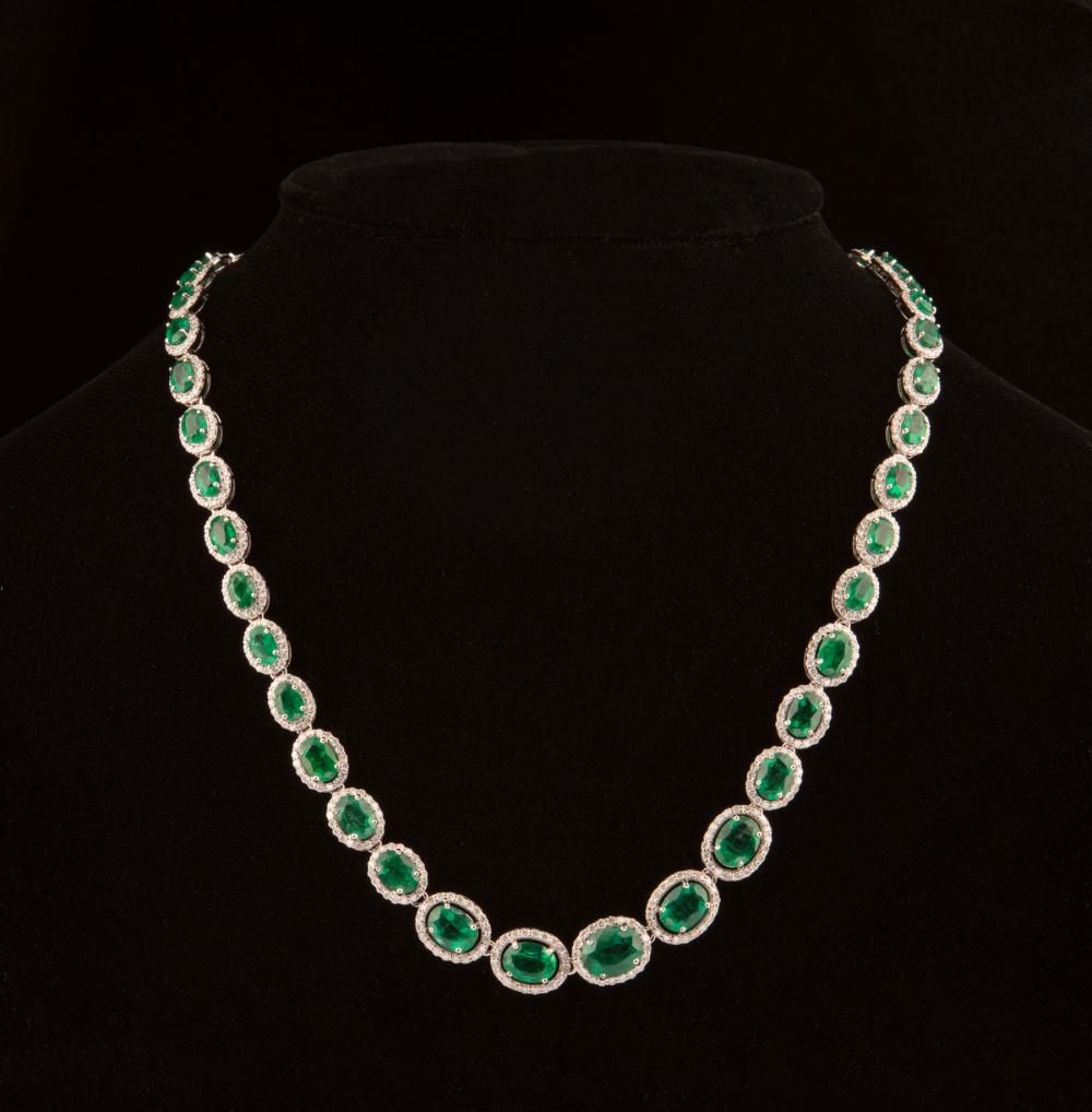 14 KT. WHITE GOLD, EMERALD AND